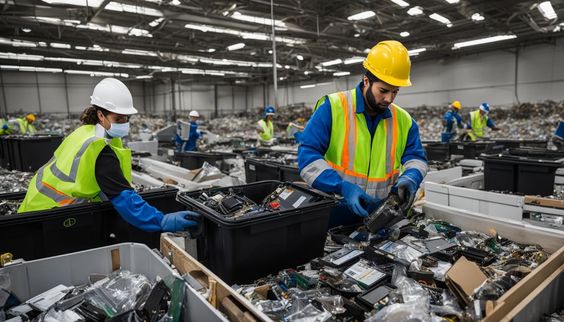 Workers sorting electronic waste in recycling facility